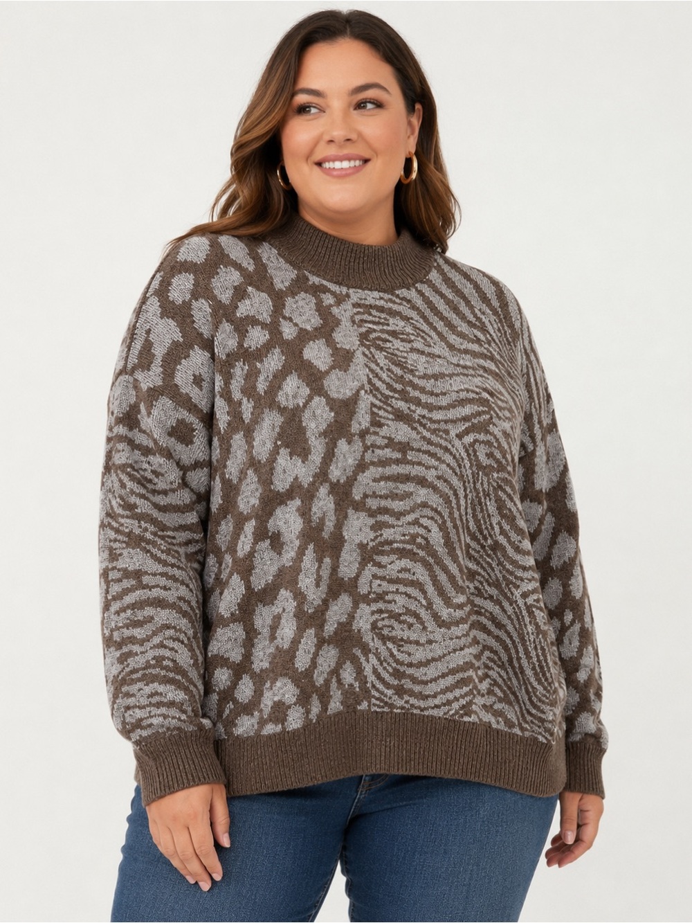 NWT Vero Moda Curve 2X Animal Print Mock Neck Sweater Brown Zebra